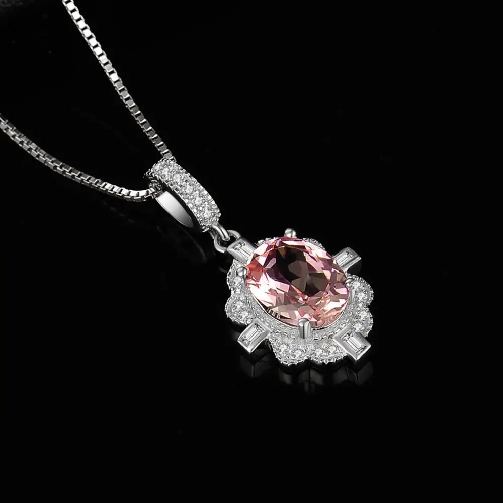 JewelryPalace Huge Oval Created Morganite Pink Sapphire Flower Pendant Women Necklace 925 Sterling Silver Pendant No Chain