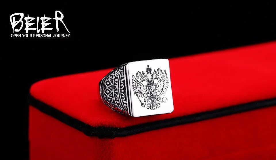 Beier Polished Stainless Steel ring Band Biker Men's ring a coat of arms of the Russian Signet Ring Fashion Jewelry