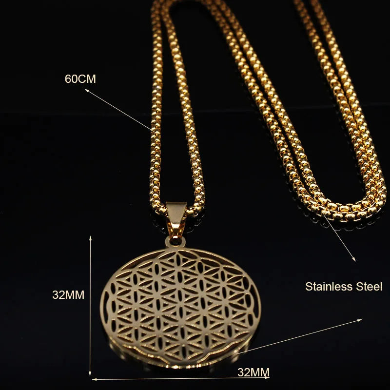 Fashion Flower of Life Stainless Steel Long Necklace for Women Gold Color Necklaces Jewelry sautoir femme long acier inoxydable