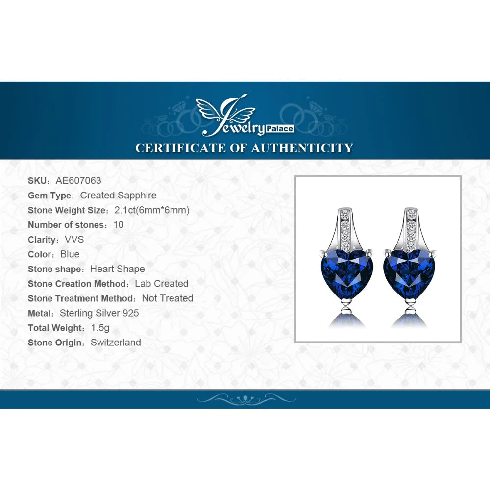JewelryPalace Love Heart 2.1ct Created Blue Sapphire 925 Sterling Silver Stud Earrings for Woman Fine Jewelry Anniversary Gift