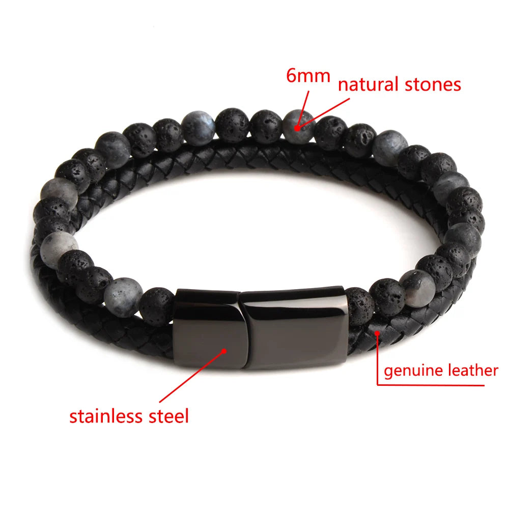 Natural Stone Bracelet Genuine Leather Braided Bracelets Black Stainless Steel Magnetic Clasp Tiger eye Bead Bangle Men Jewelry