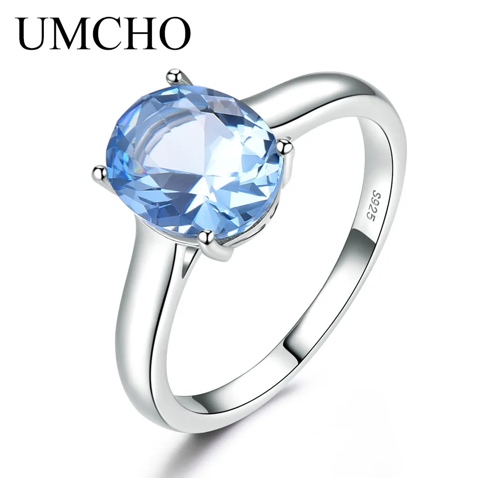 UMCHO Genuine 925 Sterling Silver Rings for Women Blue Topaz Gemstone Engagement Wedding Ring Birthstone Romantic Fine Jewelry topaz ring