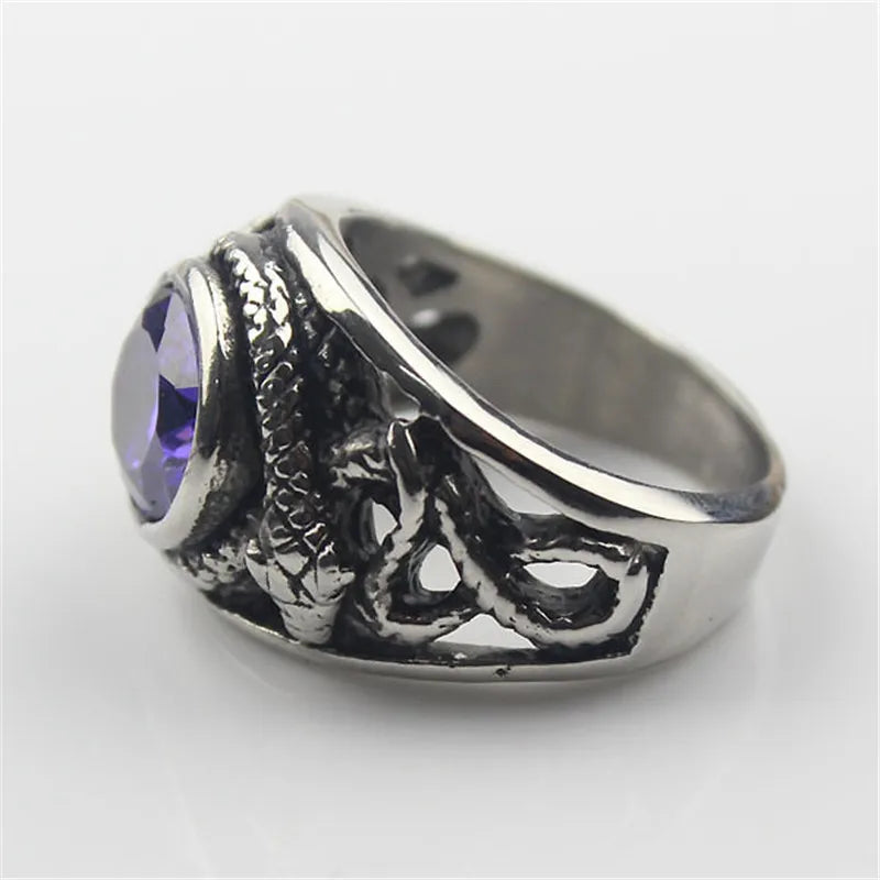 Purple Cz Crystal Gem Snake Fashion Men's 316L Stainless Steel Biker Ring Men's Jewelry