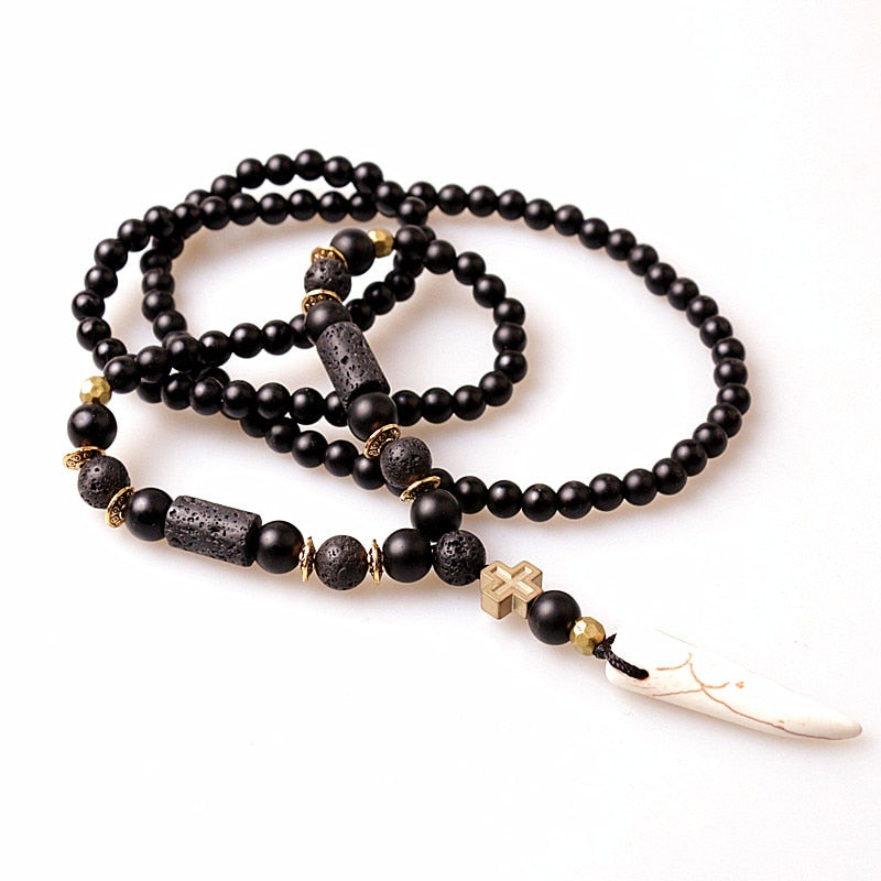 New Design Black BLava Stones Bead with Hematite cross charm pendant necklace Men&#39;s Bead Necklace