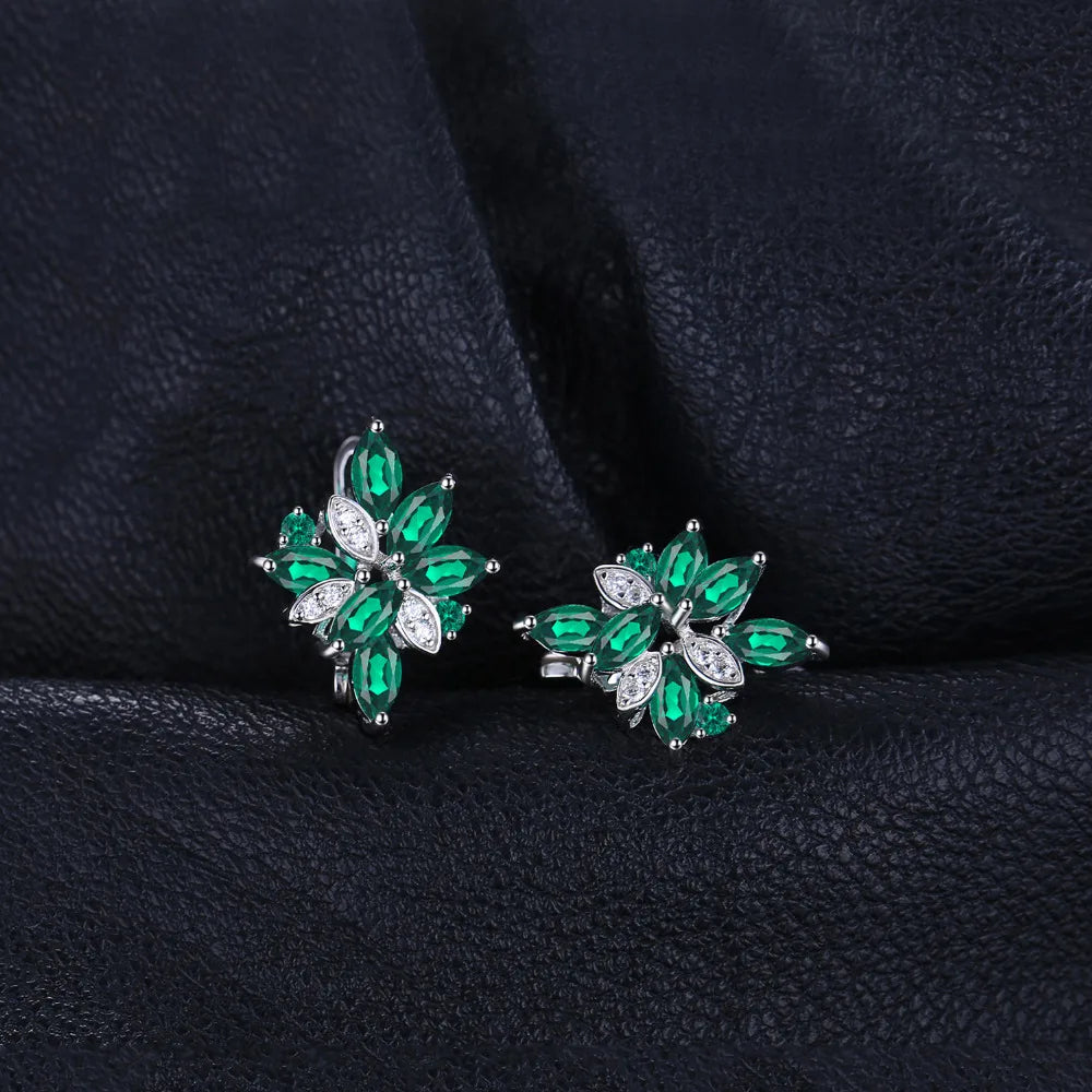 JewelryPalace Flower 2.4ct Green Simulated Nano Emerald 925 Sterling Silver Dangle Clip Earrings for Women Gemstone Jewelry