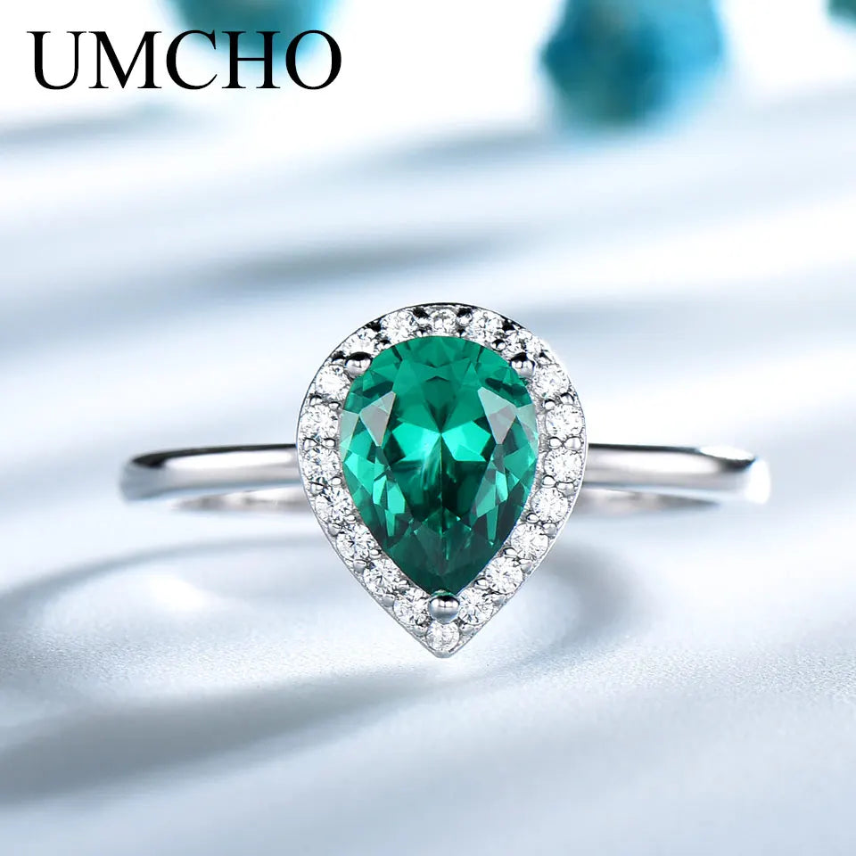 UMCHO Green Emerald Gemstone Rings for Women Halo Engagement Wedding Promise Ring 925 Sterling Silver Party Romantic Jewelry