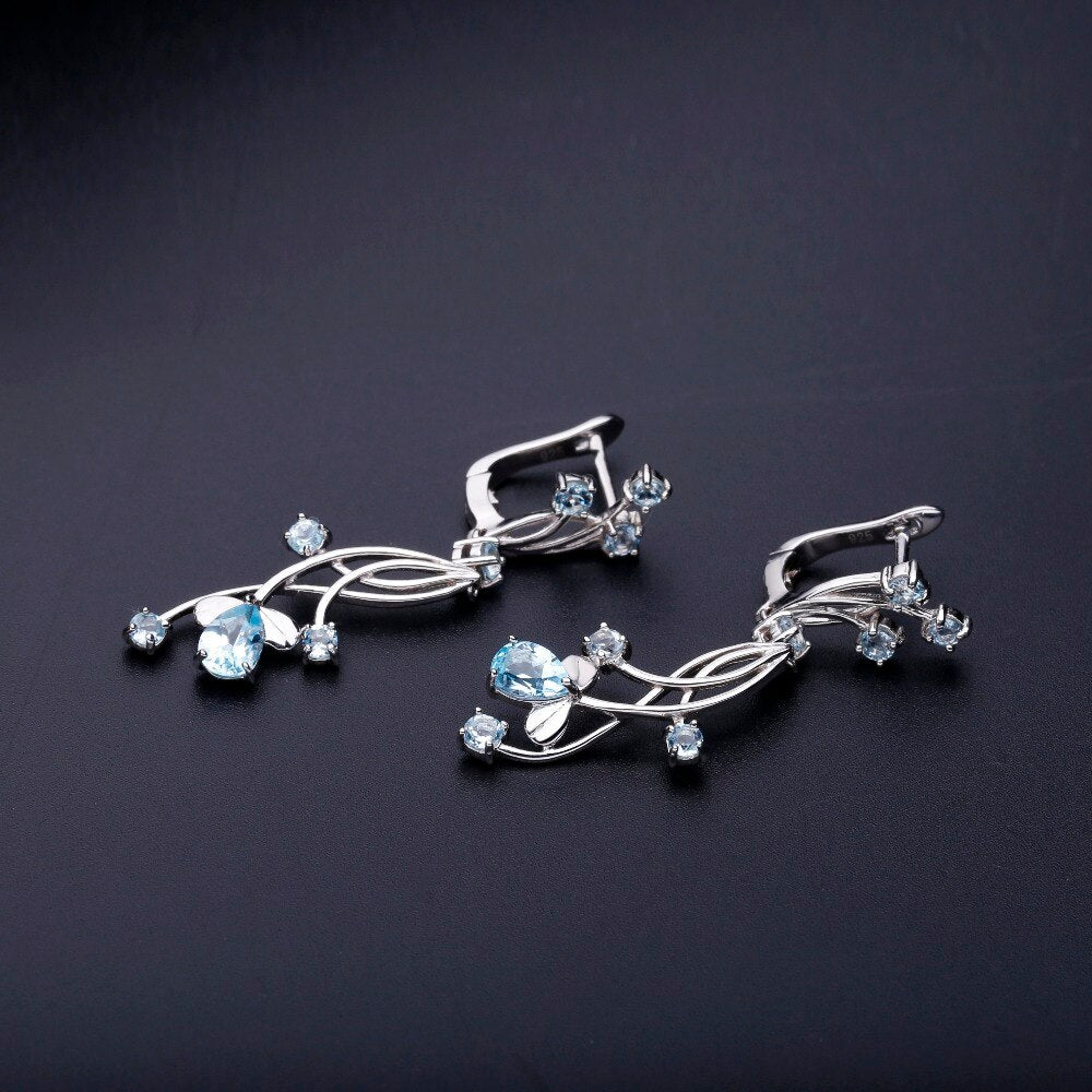 GEM&#39;S BALLET Natural Sky Blue Topaz Gemstone Jewelry Sets 925 Sterling Silver Cute Flower Earrings Ring Set For Girlfriend Gifts