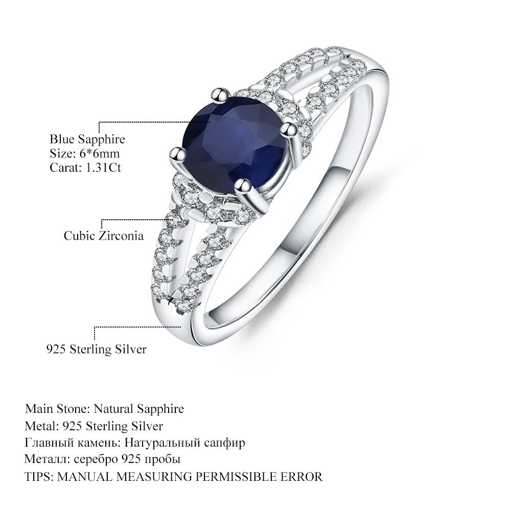 GEM&#39;S BALLET Pure 925 Sterling Silver Vintage Rings Round 1.31Ct Natural Blue Sapphire Gemstone Ring for Women Wedding Jewelry