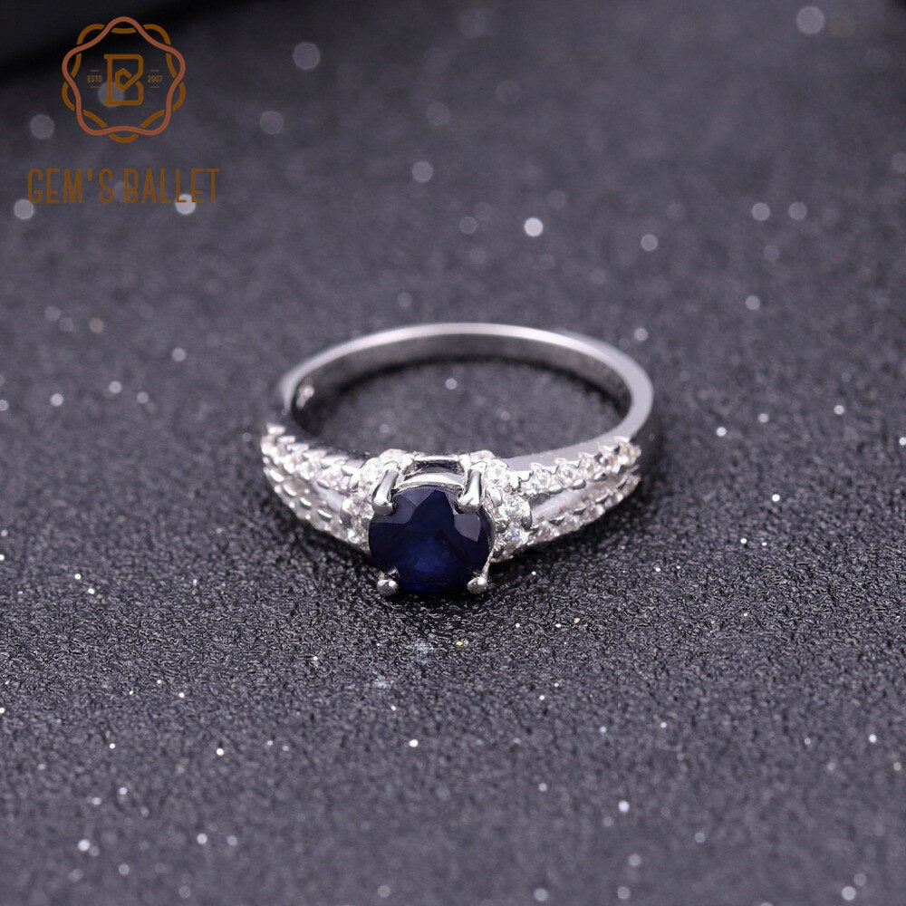 GEM&#39;S BALLET Pure 925 Sterling Silver Vintage Rings Round 1.31Ct Natural Blue Sapphire Gemstone Ring for Women Wedding Jewelry