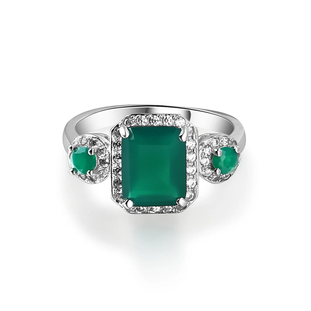 Gem's Ballet 2.28Ct Emerald Cut Natural Green Agate Gemstone Vintage Rings Solid 925 Sterling Silver Fine Jewelry For Women