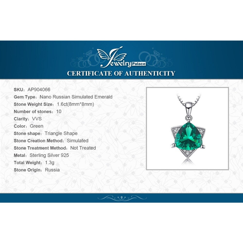 JewelryPalace Triangle 1.6ct Simulated Emerald 925 Sterling Silver Pendant Necklace for Women Fashion Jewelry Without Chain