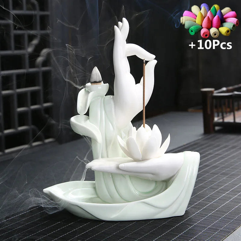 Gift 10Cones White Ceramic Incense Censer Buddha Hand Backflow Incense Burner Lotus Incense Stick Holder G-White with 10cones