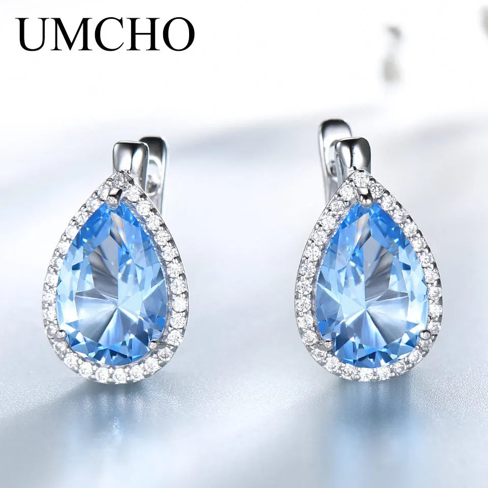 UMCHO Nano Sky Blue Gemstone Clip Earrings 925 Sterling Silver Earrings For Women Fashion Fine Jewelry Gift New Year Festival sky blue topaz