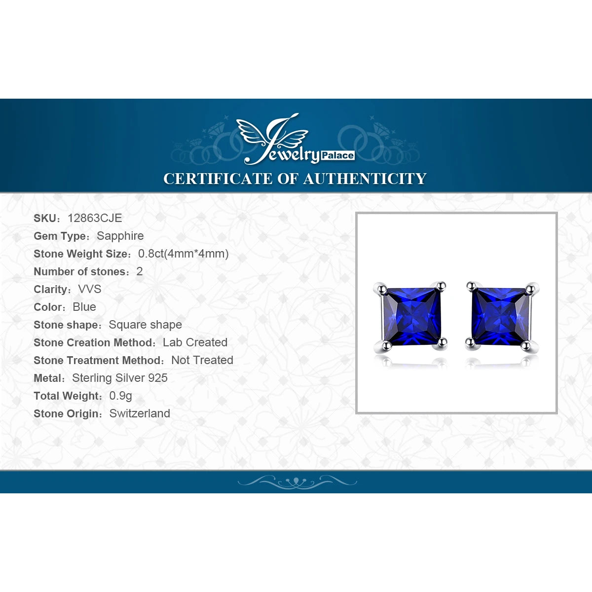 JewelryPalace Square Princess Cut Blue Created Sapphire 925 Sterling Silver Stud Earrings for Women Fashion Gemstones Earrings