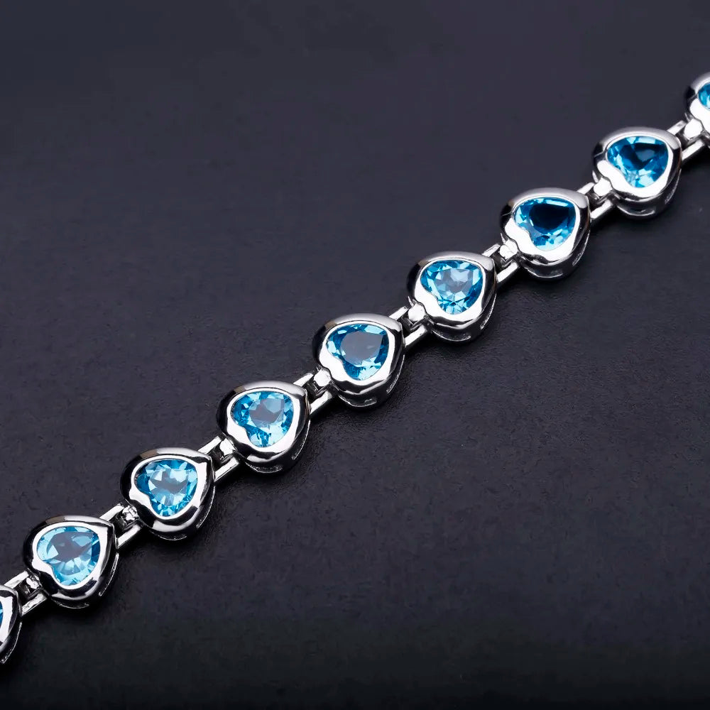 GEM'S BALLET 6x6mm Heart Natural Swiss Blue Topaz Chain Link Bracelet Pure 100% 925 Sterling Silver Fashion Jewelry For Women