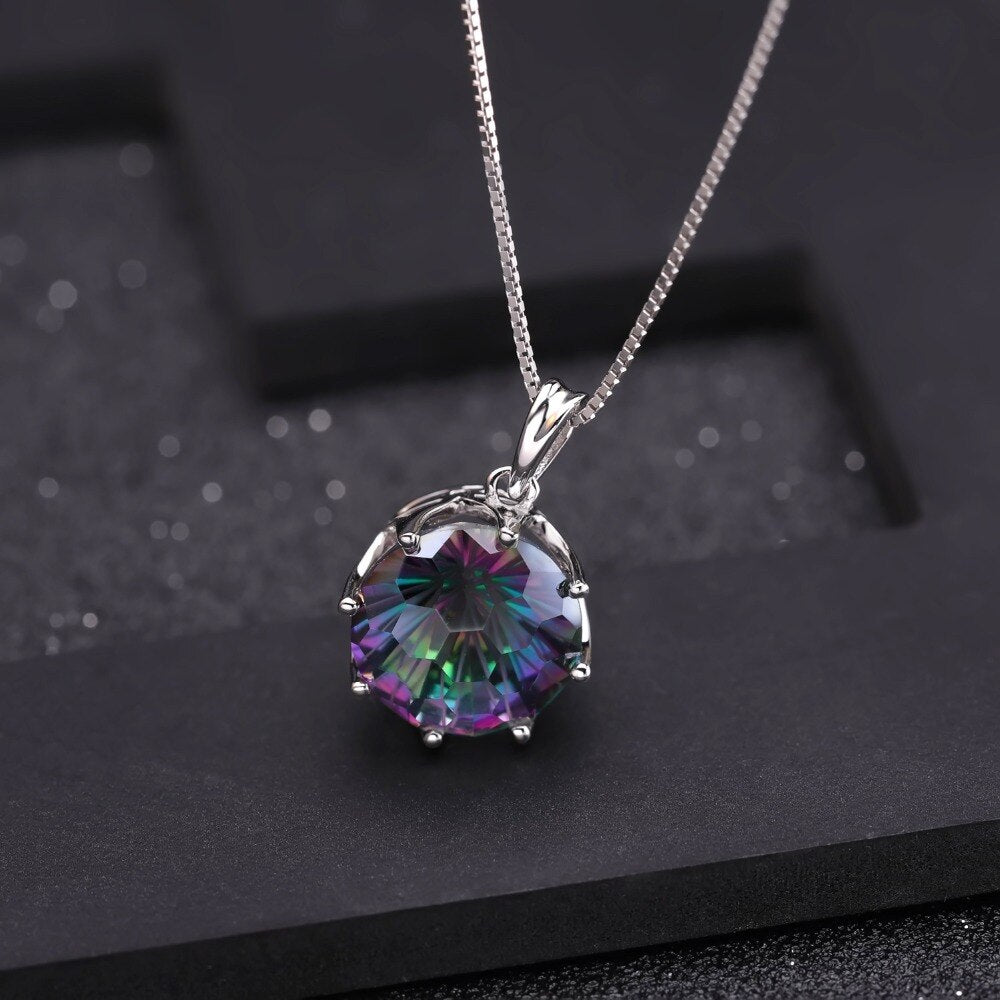 GEM&#39;S BALLET 9.64Ct Natural Rainbow Mystic Quartz Round Gemstone Pendant Necklace For Women 925 Sterling Silver Fine Jewelry New