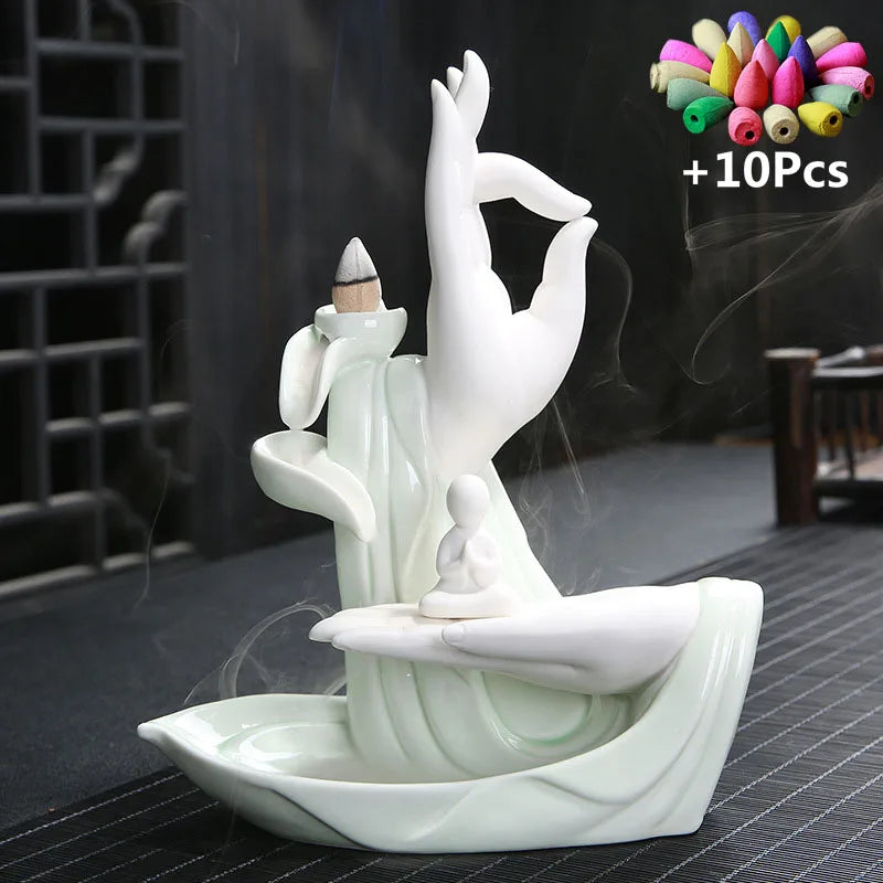 Gift 10Cones White Ceramic Incense Censer Buddha Hand Backflow Incense Burner Lotus Incense Stick Holder G-Monk with 10cones