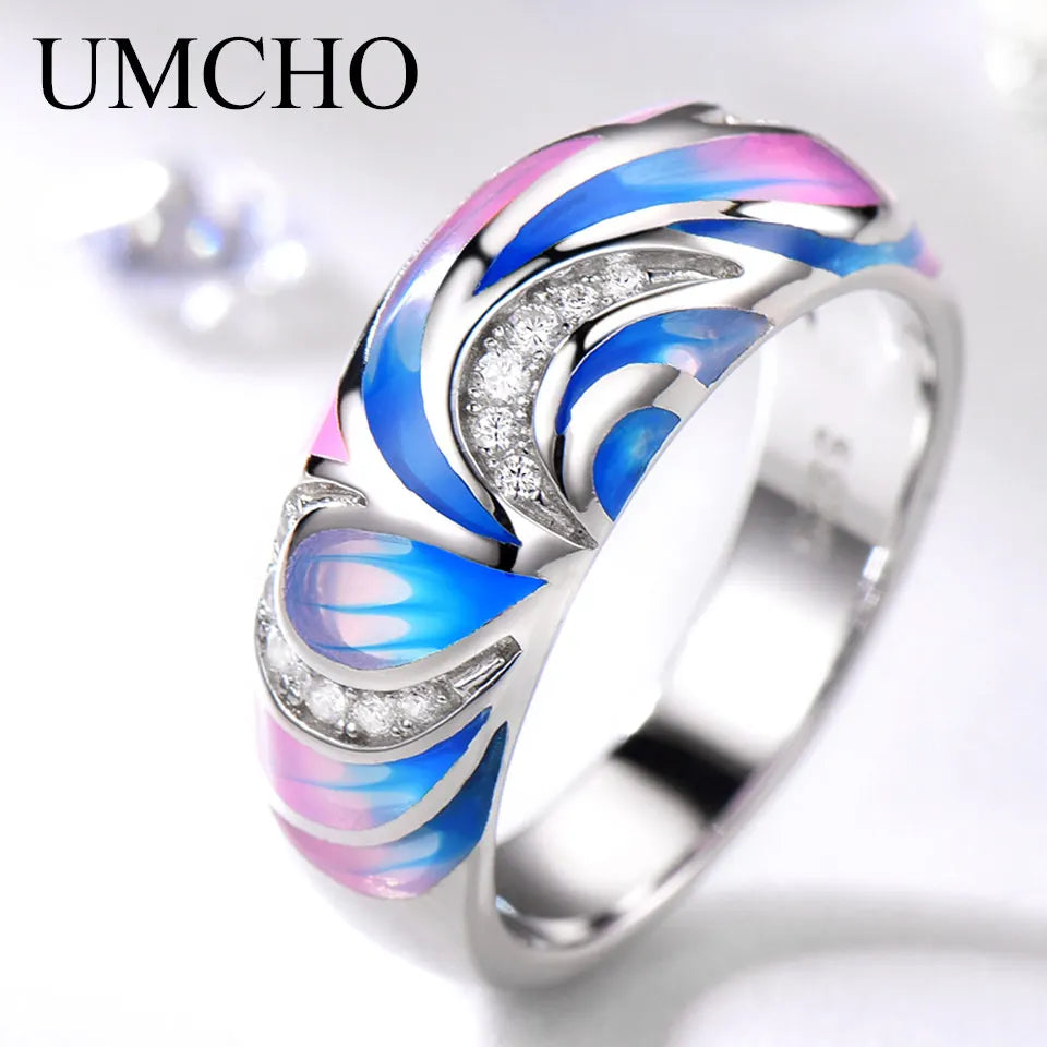 UMCHO 925 Sterling Silver Rings for Women Flower Party Fashion Jewelry Colorful Enamel Handmade Party Wedding Ring Fine Jewelry