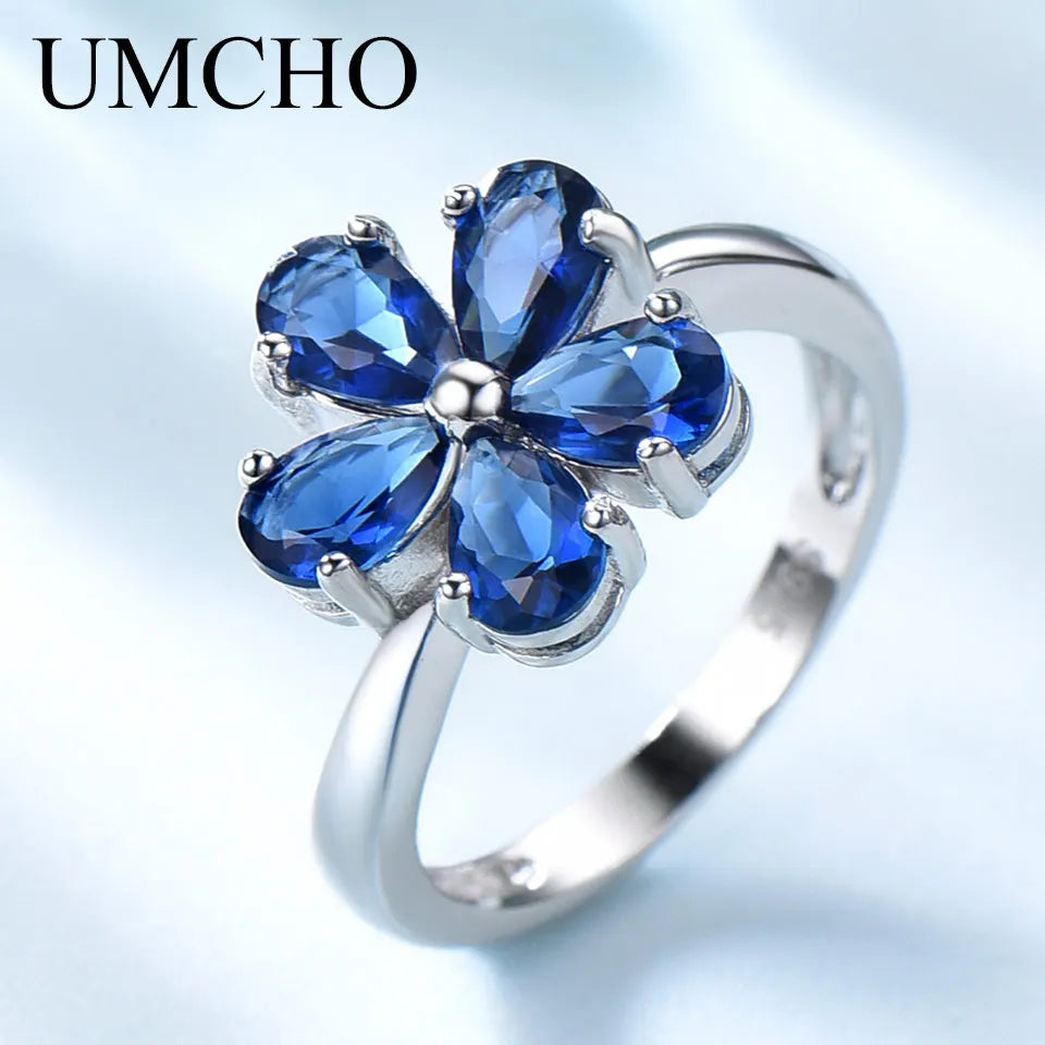 UMCHO Gemstone Blue Sapphire Rings for Women Genuine 925 Sterling Silver Flower Party Wedding Engagement Fine Jewelry Party Gift blue sapphire
