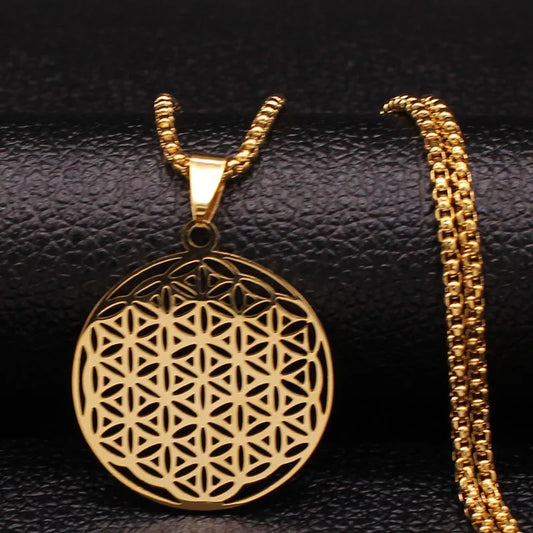 Fashion Flower of Life Stainless Steel Long Necklace for Women Gold Color Necklaces Jewelry sautoir femme long acier inoxydable