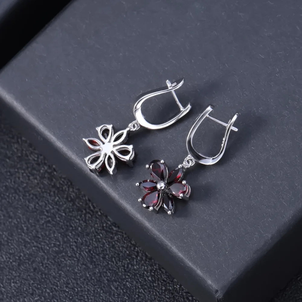 Gem's Ballet Solid 925 Sterling Silver Fine Jewelry Flower Design Garnet Stone Gorgeous Drop Earrings For Women