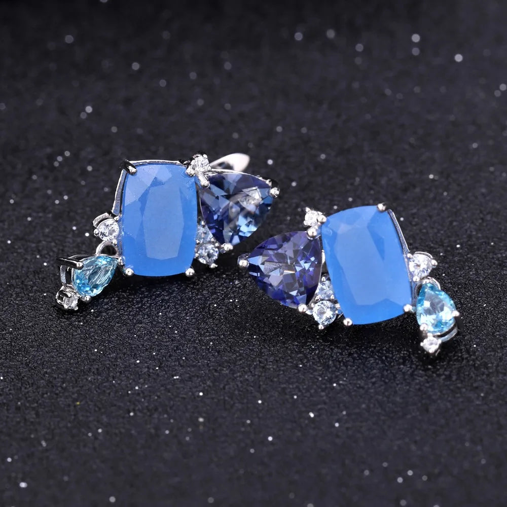 GEM'S BALLET Natural Aqua-blue Calcedony Candy Fine Jewelry 925 Sterling Silver Ring Earrings Pendant Jewelry Sets For Women