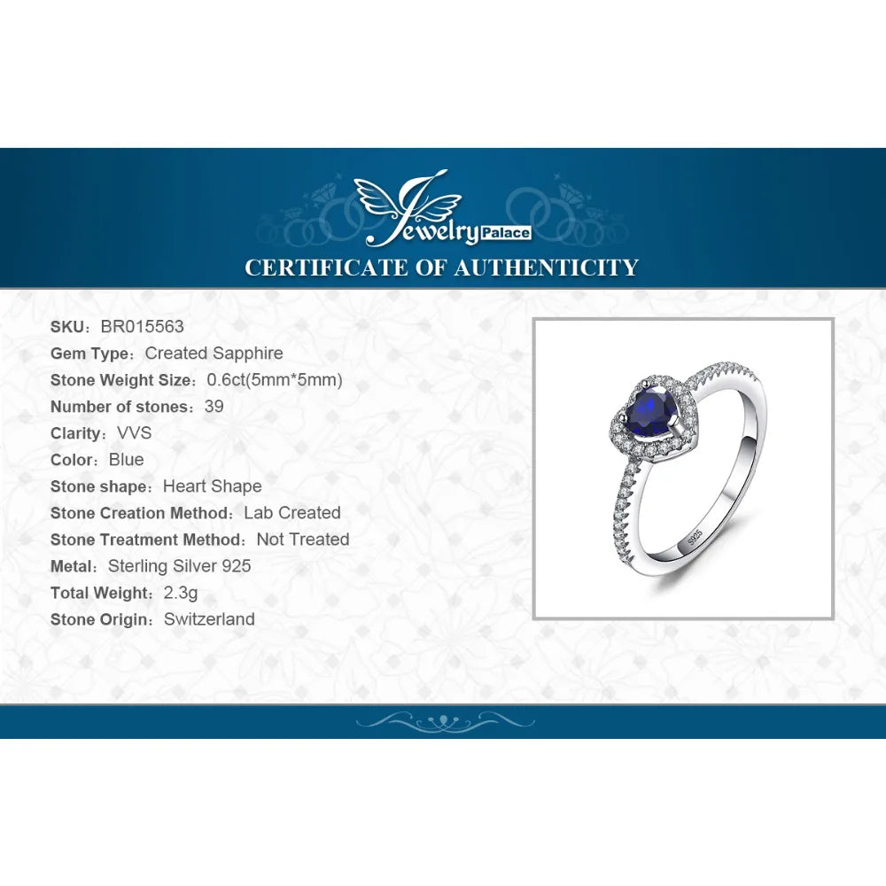 JewelryPalace Heart Created Blue Sapphire 925 Sterling Silver Halo Ring for Women Gemstone Fine Jewelry Wedding Engagement Gift