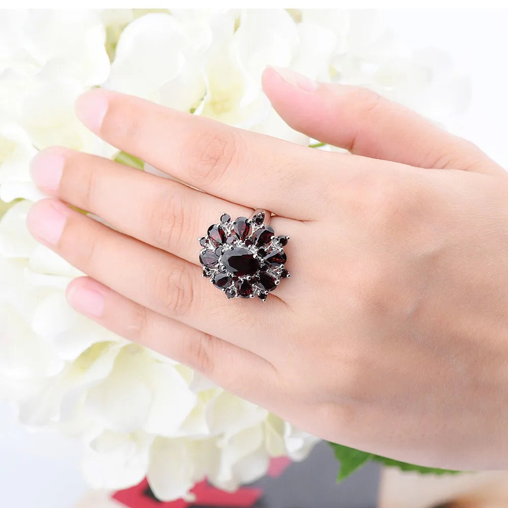 Silver Garnet Ring 925 Jewelry Gemstone 7.54ct Natural Black Garnet Rings for Women's Fine Jewelry Classic Design Christmas Gift