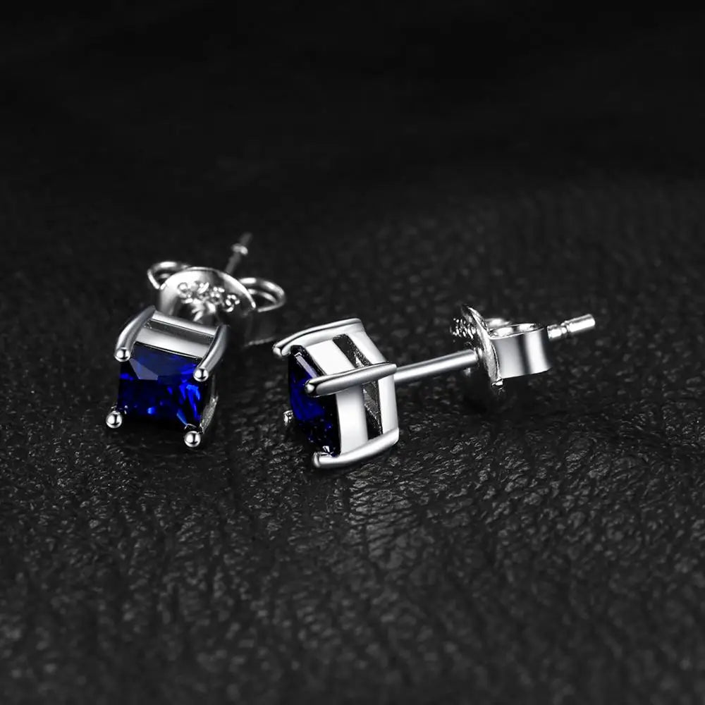 JewelryPalace Square Princess Cut Blue Created Sapphire 925 Sterling Silver Stud Earrings for Women Fashion Gemstones Earrings