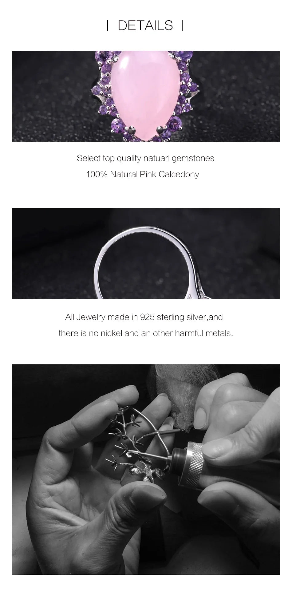 Anillo de calcedonia rosa natural de GEM'S BALLET, plata de ley 925, estilo vintage, con halo, para cóctel, joyería fina para mujer.