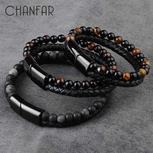 Natural Stone Bracelet Genuine Leather Braided Bracelets Black Stainless Steel Magnetic Clasp Tiger eye Bead Bangle Men Jewelry