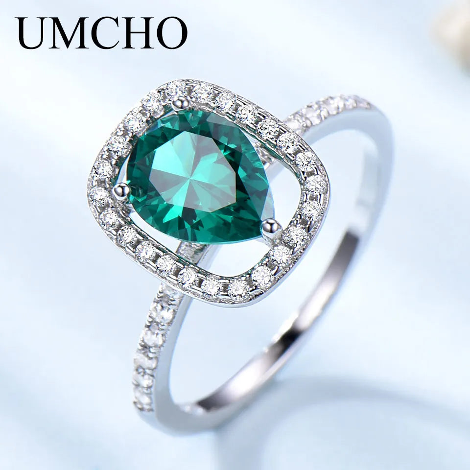 UMCHO Emerald Gemstone Rings for Women Genuine 925 Sterling Sliver Vintage Water Drop Royal Ring Wedding Engagement Fine Jewelry