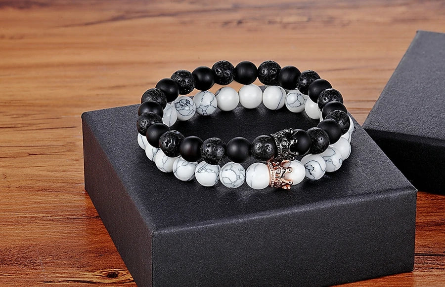 XQNI New Classic Interlocking Stitching Lava & Matte Onyx Stone with Crown Accessories Beads Bracelet Hand Jewelry For Women Men