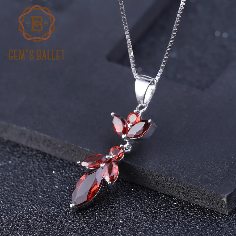 GEM'S BALLET Pure 925 Sterling Silver Flower Pendant Necklace 2.94Ct Natural Red Garnet Gemstone for Women Wedding Fine Jewelry