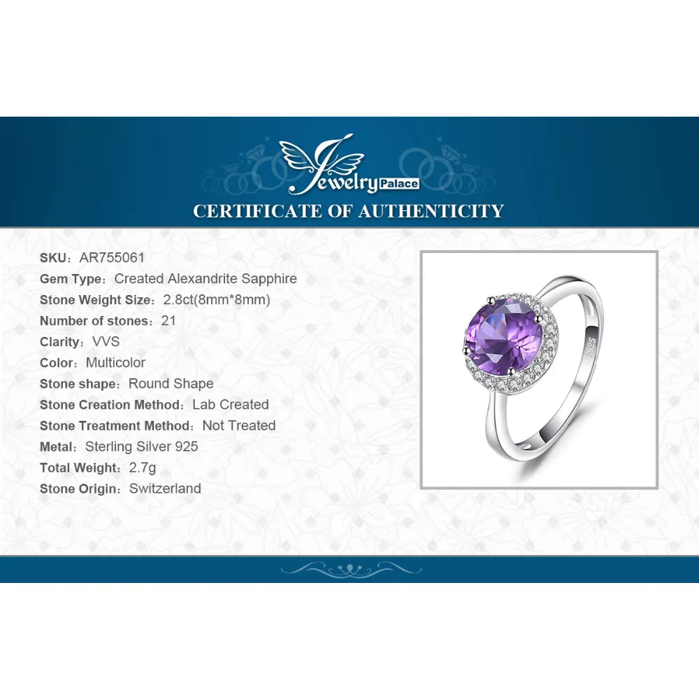 JewelryPalace Round 2.8ct Created Alexandrite Sapphire 925 Sterling Silver Halo Ring for Women Fashion Gemstone Engagement Gift