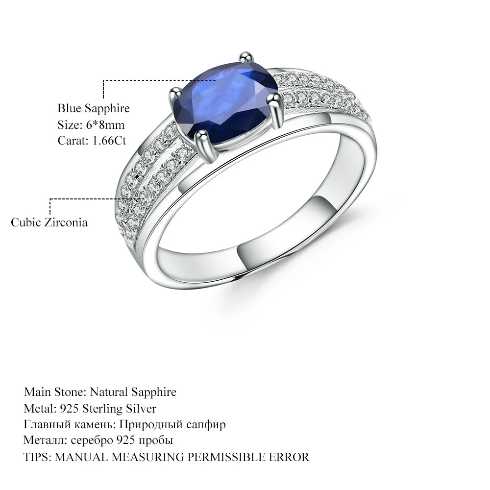 GEM'S BALLET 1.66Ct Oval Natural Blue Sapphire Gemstone Ring 925 Sterling Silver Wedding Rings for Women Classic Fine Jewelry