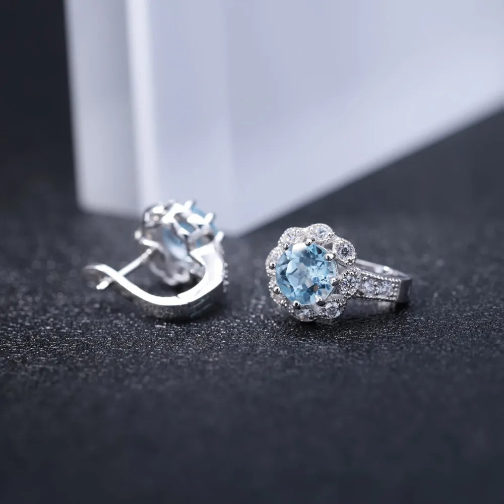 GEM'S BALLET Natural Sky Blue Topaz Gemstone Earrings Genuine 925 Sterling Silver Halo Earrings For Women Wedding Fine Jewelry