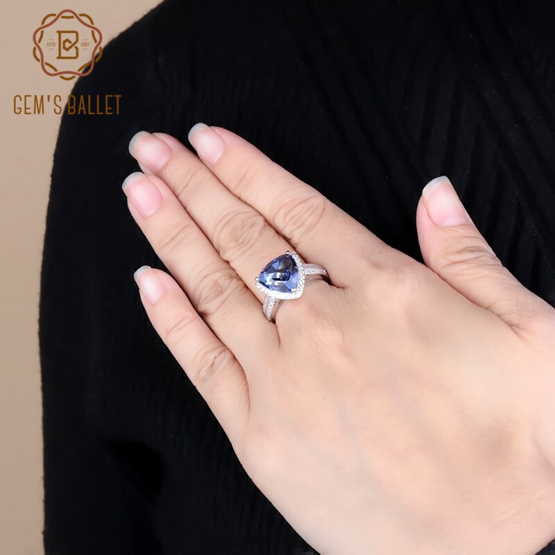 Gem&#39;s Ballet 4.79Ct Triangle Natural Iolite Blue Mystic Quartz Gemstone Ring For Women 925 Sterling Silver Fashion Fine Jewelry