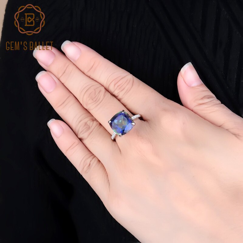 Gem&#39;s Ballet 9.66Ct Natural Blueish Mystic Quartz Gemstone Cocktail Ring For Women 925 Sterling Silver Wedding Band Fine Jewelry