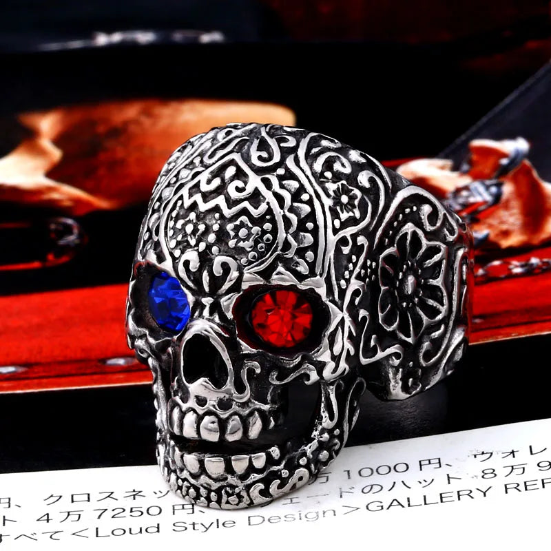 Anillo Beier de acero inoxidable 316L con diseño de calavera para hombre, con ojos rojos y azules, joyería de alta calidad, LLBR8-644R