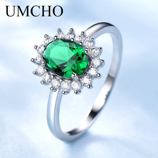 UMCHO Emerald Gemstone Rings For Women Princess Diana Ring Solid 925 Sterling Silver Vintage Engagement Party Gift Fine Jewelry