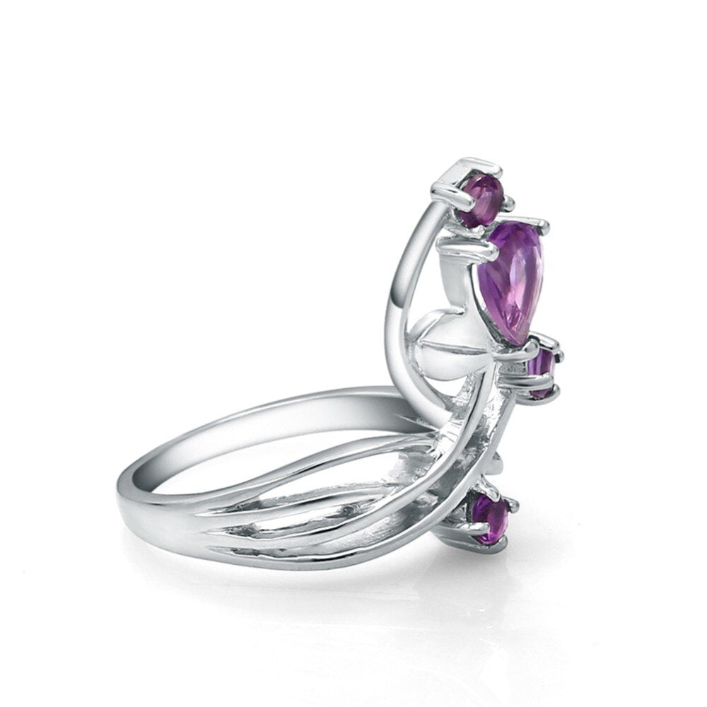 GEM&#39;S BALLET Romantic Natural Amethyst Purple Gemstone Flower Jewelry Sets Pure 925 Sterling Silver Earrings Ring Set For Women