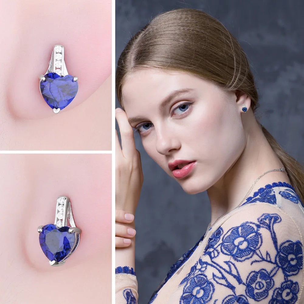 JewelryPalace Love Heart 2.1ct Created Blue Sapphire 925 Sterling Silver Stud Earrings for Woman Fine Jewelry Anniversary Gift
