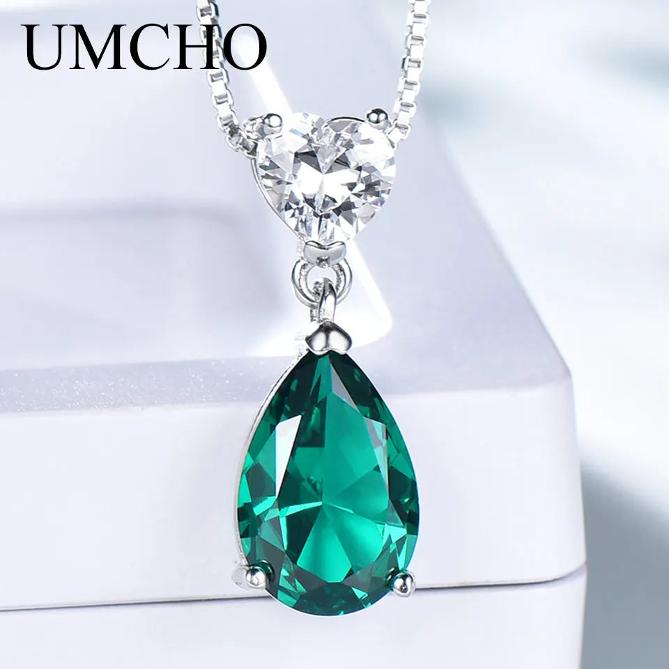 UMCHO 2019 New Fashion 925 Sterling Silver Pendant Necklace for Women Nano Emerald Zircon Chain Anniversary Necklace With Chain Emerald Link Chain