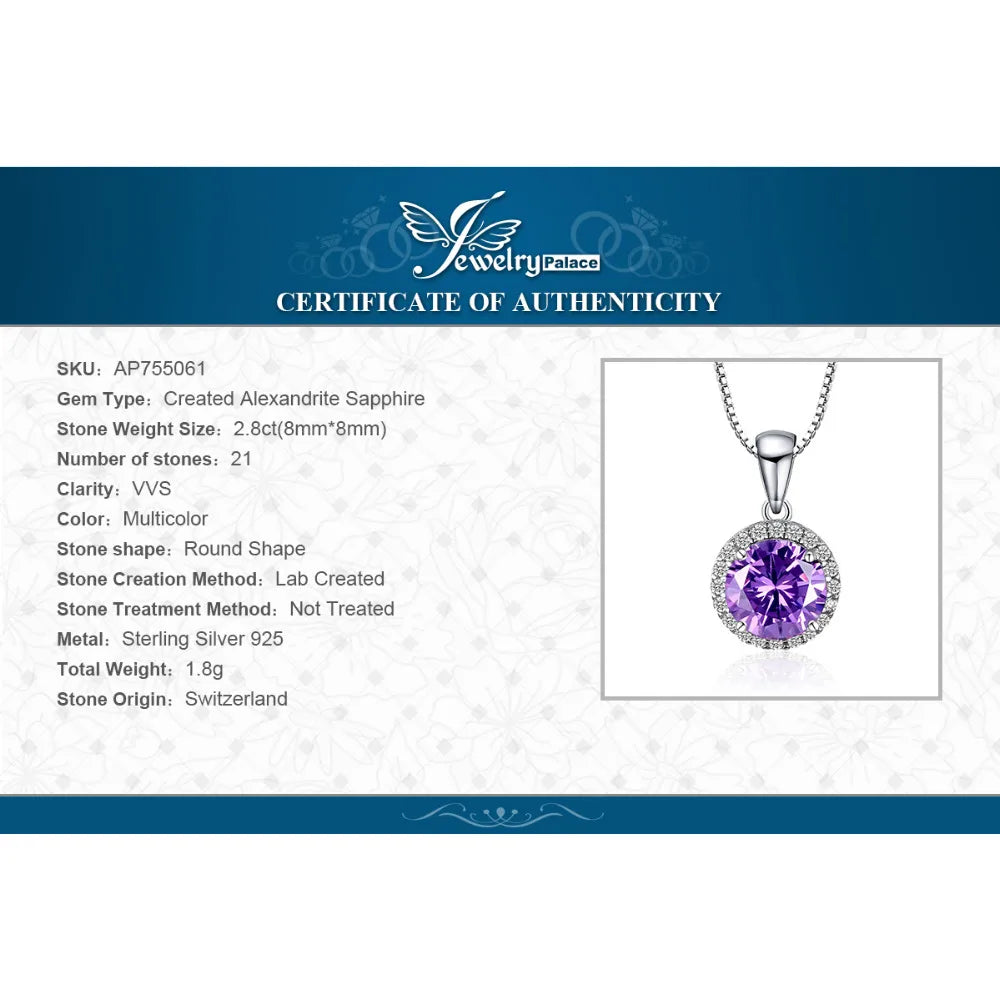 JewelryPalace 2.97ct Round Created Alexandrite Sapphire 925 Sterling Silver Pendant Necklace for Women Gemstone Choker No Chain