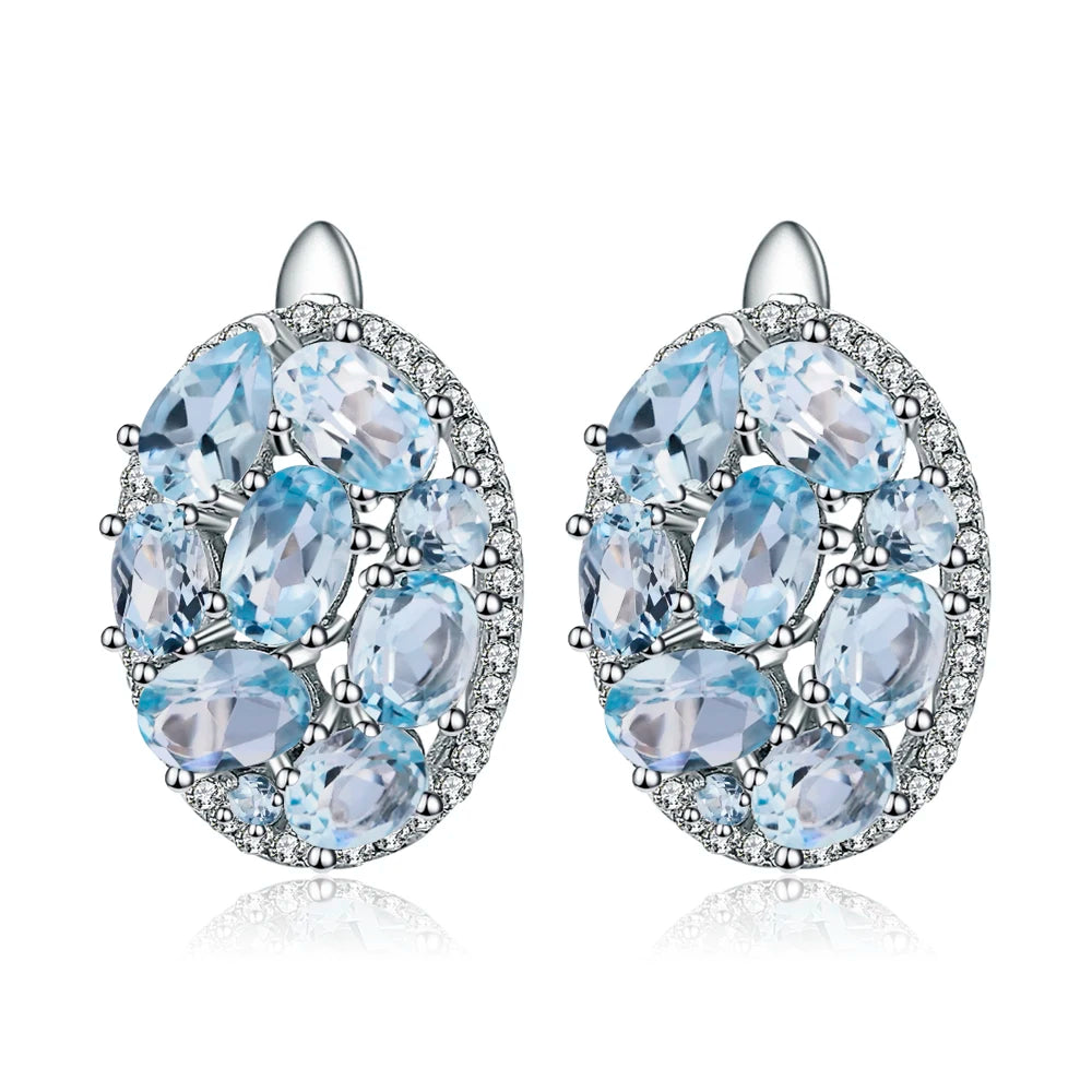 GEM'S BALLET Natural Sky Blue Topaz Pure 925 Sterling Silver Oval Clip Earrings Women Gift Vintage Luxury Fine Costume Jewelry