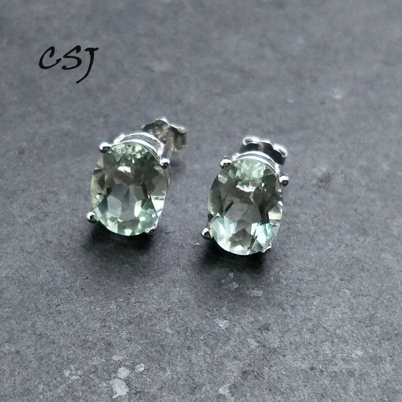 CSJ 925 Sterling Silver Fine Jewelry Real Natural Green Amethyst simple good Earring Women Lady Wedding Engagment Party Gift