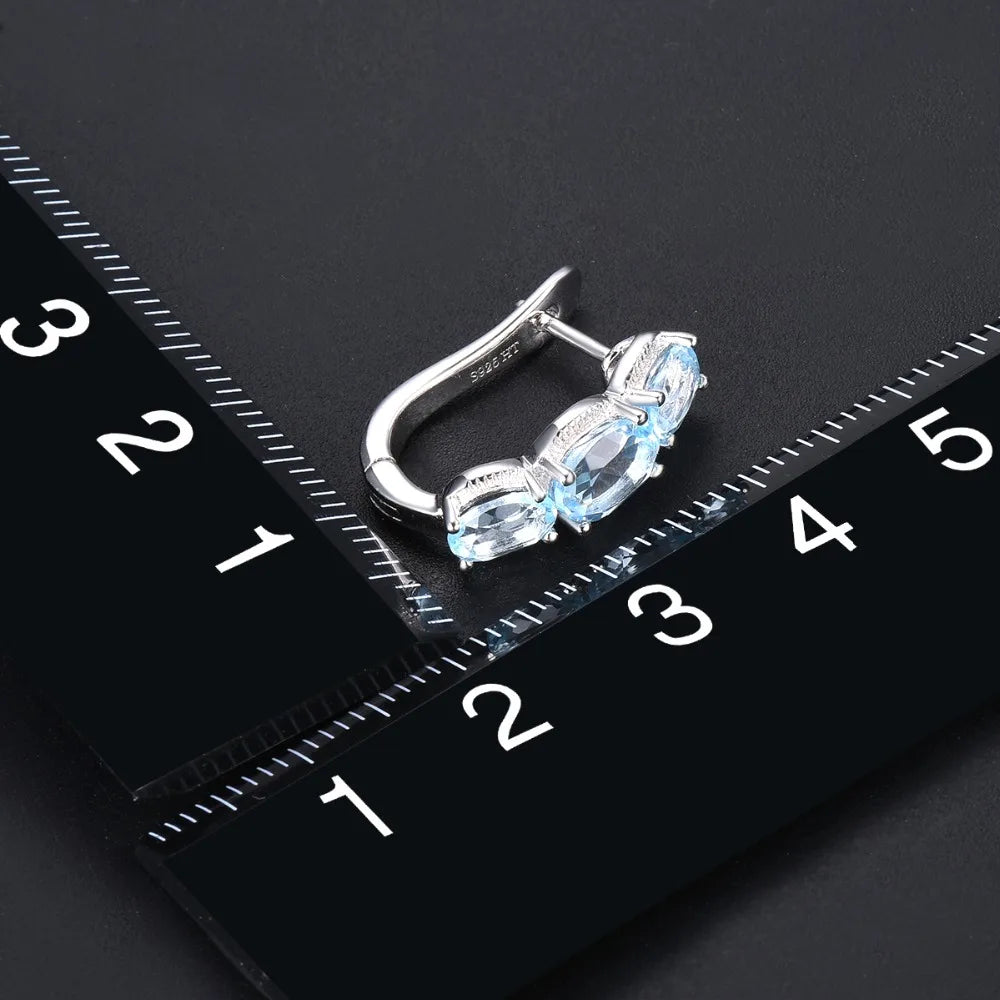 Hutang 925 Silver Hoop Earrings for Women, 1.48ct Blue Topaz Gemstone Earrings Classical Elegant Fine Sterling Silver Jewelry