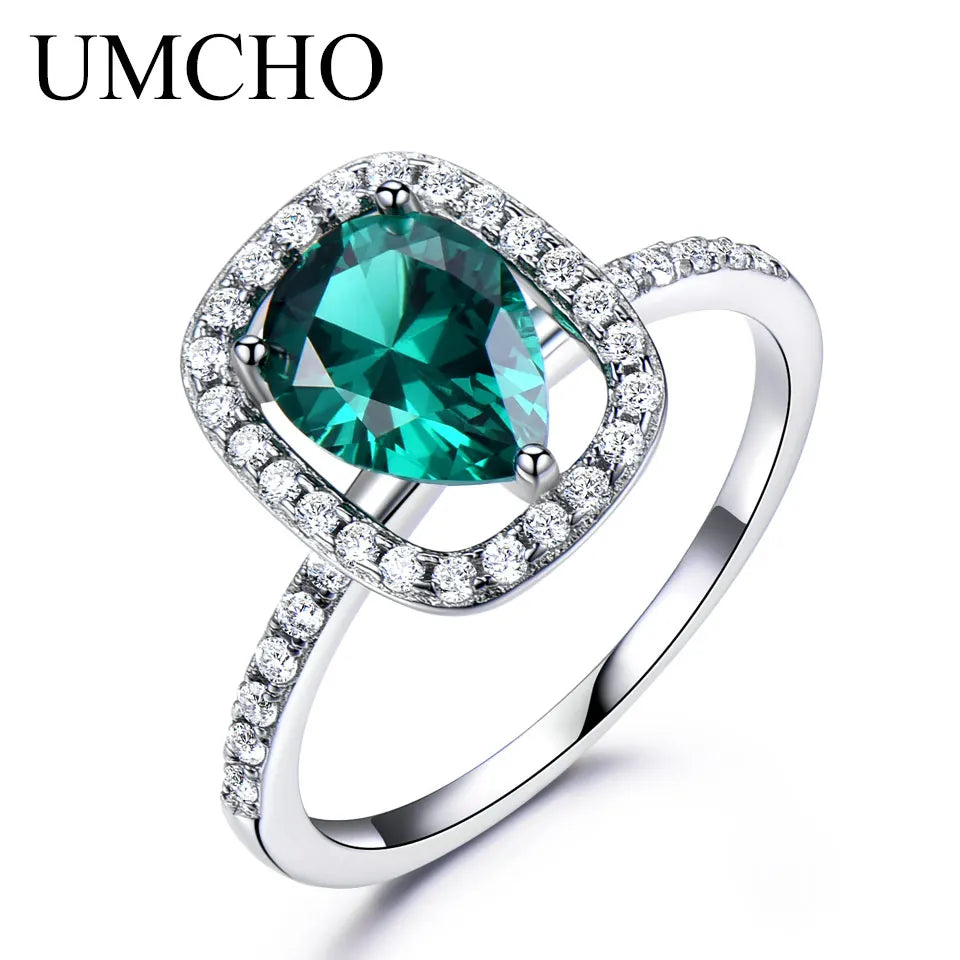 UMCHO Emerald Gemstone Rings for Women Genuine 925 Sterling Sliver Vintage Water Drop Royal Ring Wedding Engagement Fine Jewelry Emerald