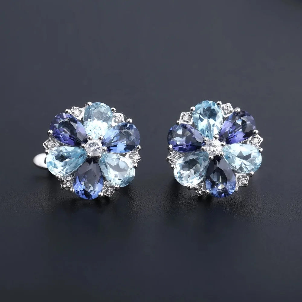GEM'S BALLET Natural Sky Blue Topaz Earrings 925 Sterling Silver Mystic Quartz Vintage Flower Stud Earrings For Women Jewelry